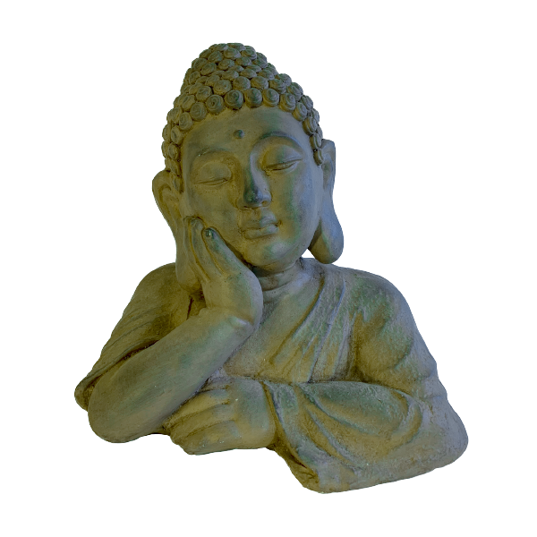 Buddha vilande på armbåge grå