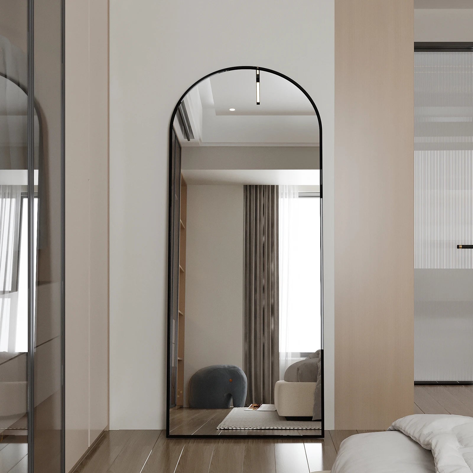 Comanlai Bågformad Golvspegel 180×80 cm Aluminium – Guld & Svart Hel Kropp