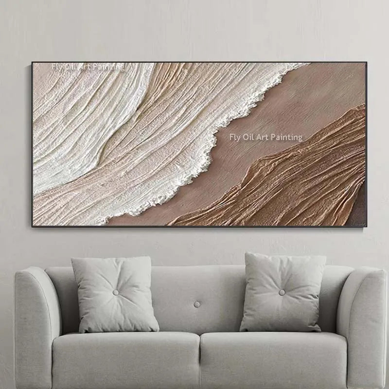Havsvågor Abstrakt Oljemålning Tjock Textur – Wabi-Sabi Earthtone Canvas Konst