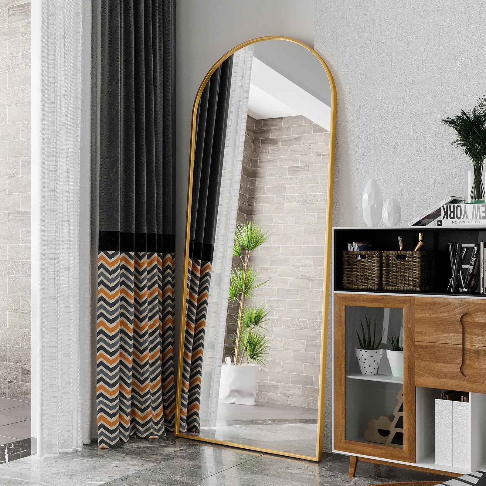 Comanlai Bågformad Golvspegel 180×80 cm Aluminium – Guld & Svart Hel Kropp