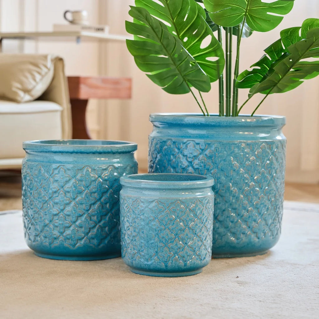 3-Pack Keramikkrukor Blå Geometrisk Ø38/30/23 cm – Orkidé & Inomhus