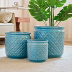 3-Pack Keramikkrukor Blå Geometrisk Ø38/30/23 cm – Orkidé & Inomhus