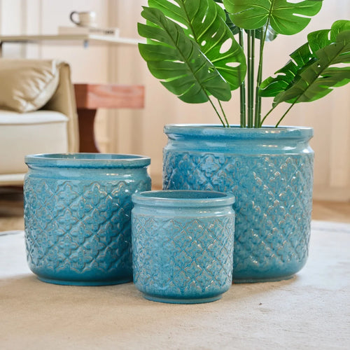 3-Pack Keramikkrukor Blå Geometrisk Ø38/30/23 cm – Orkidé & Inomhus