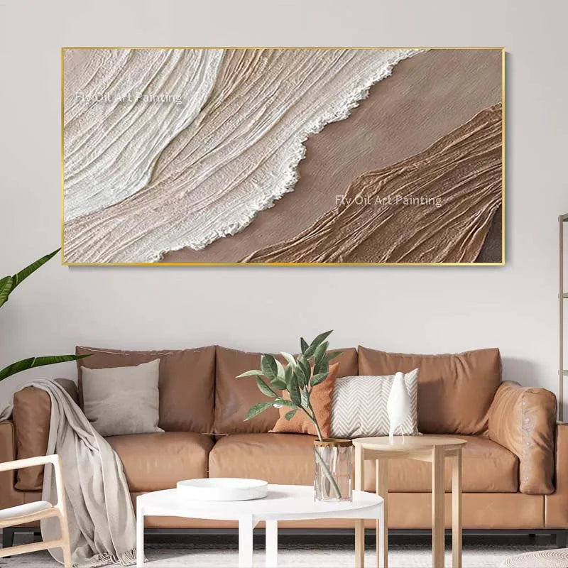 Havsvågor Abstrakt Oljemålning Tjock Textur – Wabi-Sabi Earthtone Canvas Konst