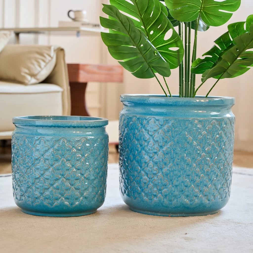 3-Pack Keramikkrukor Blå Geometrisk Ø38/30/23 cm – Orkidé & Inomhus