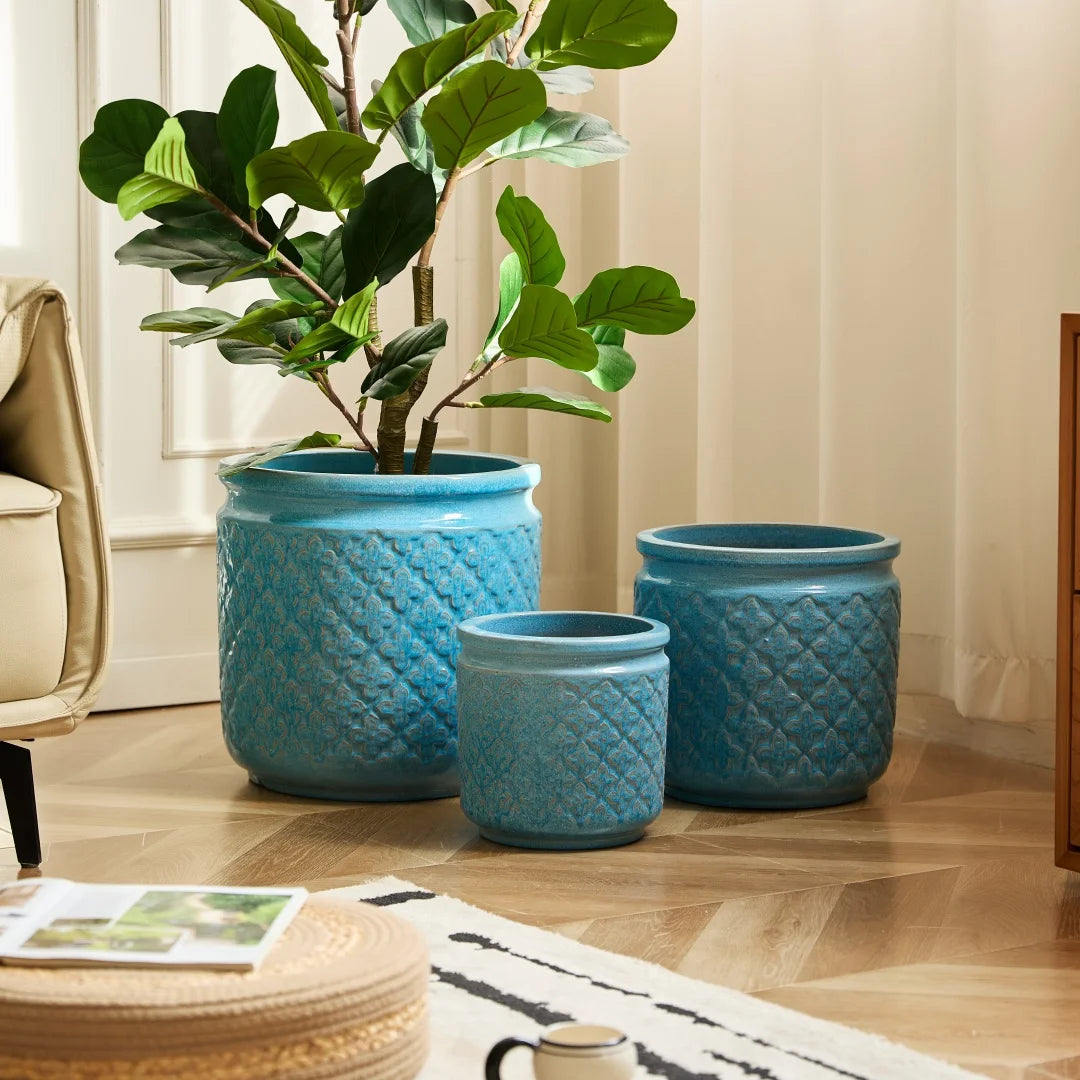 3-Pack Keramikkrukor Blå Geometrisk Ø38/30/23 cm – Orkidé & Inomhus
