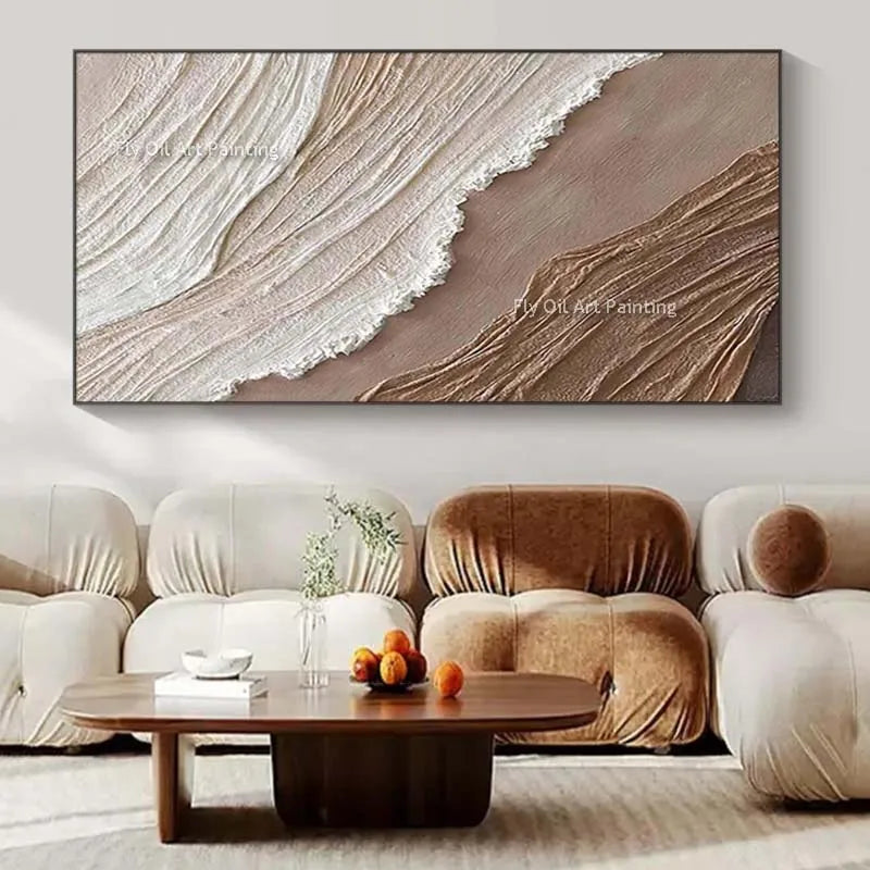Havsvågor Abstrakt Oljemålning Tjock Textur – Wabi-Sabi Earthtone Canvas Konst