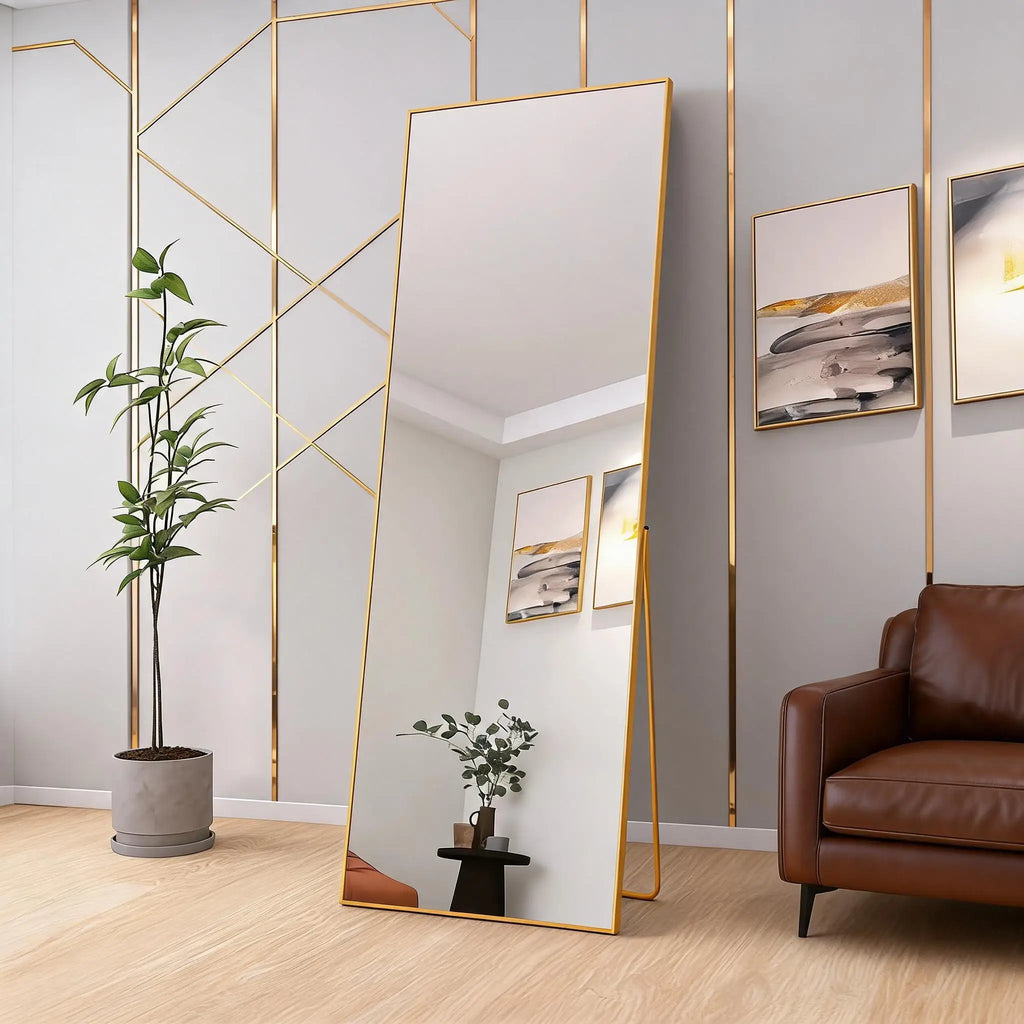 Vertikal Helkroppsspegel Aluminiumram – Guld & Svart Härdat Glas Hall & Sovrum