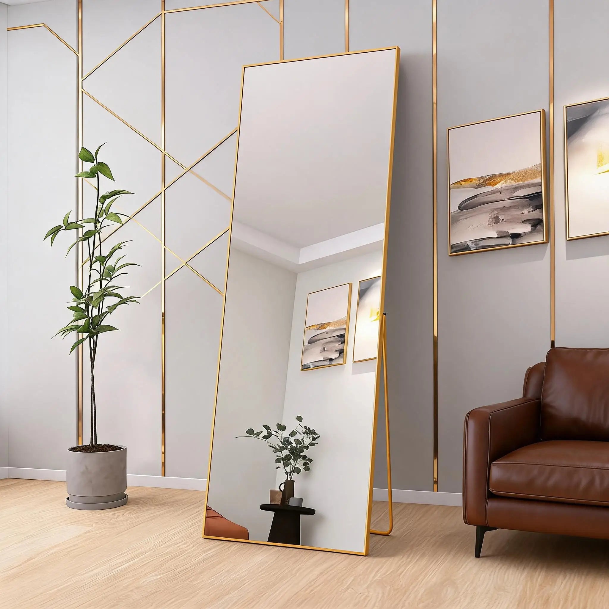 Vertikal Helkroppsspegel Aluminiumram – Guld & Svart Härdat Glas Hall & Sovrum