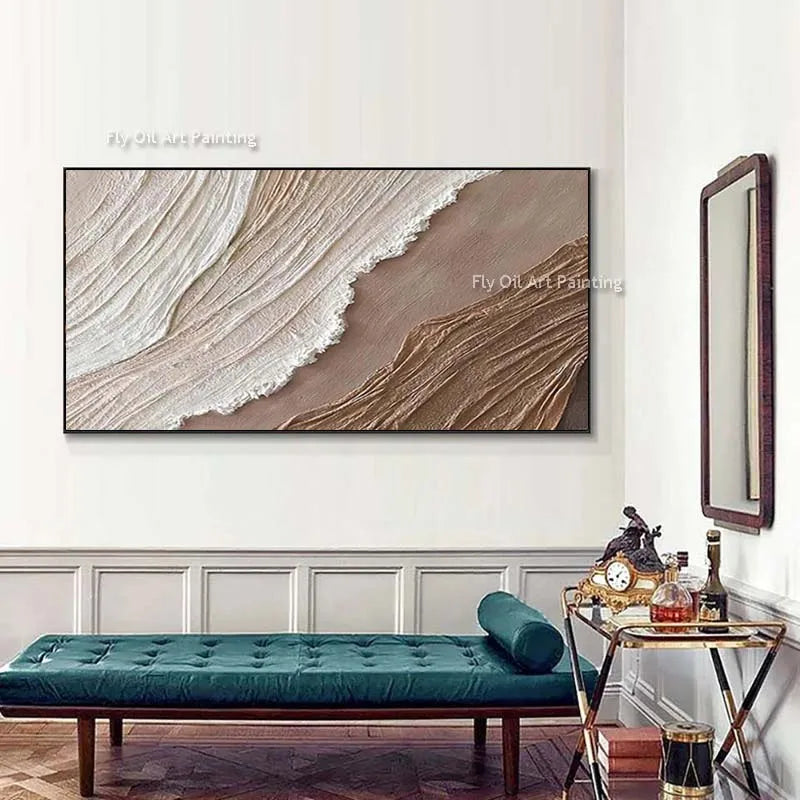 Havsvågor Abstrakt Oljemålning Tjock Textur – Wabi-Sabi Earthtone Canvas Konst