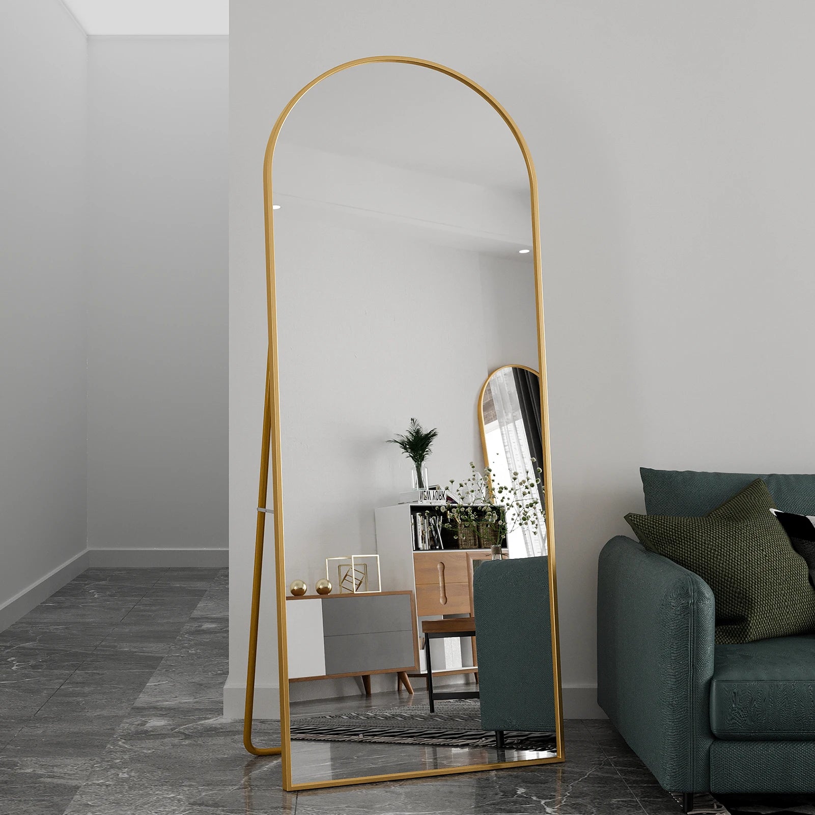 Comanlai Bågformad Golvspegel 180×80 cm Aluminium – Guld & Svart Hel Kropp