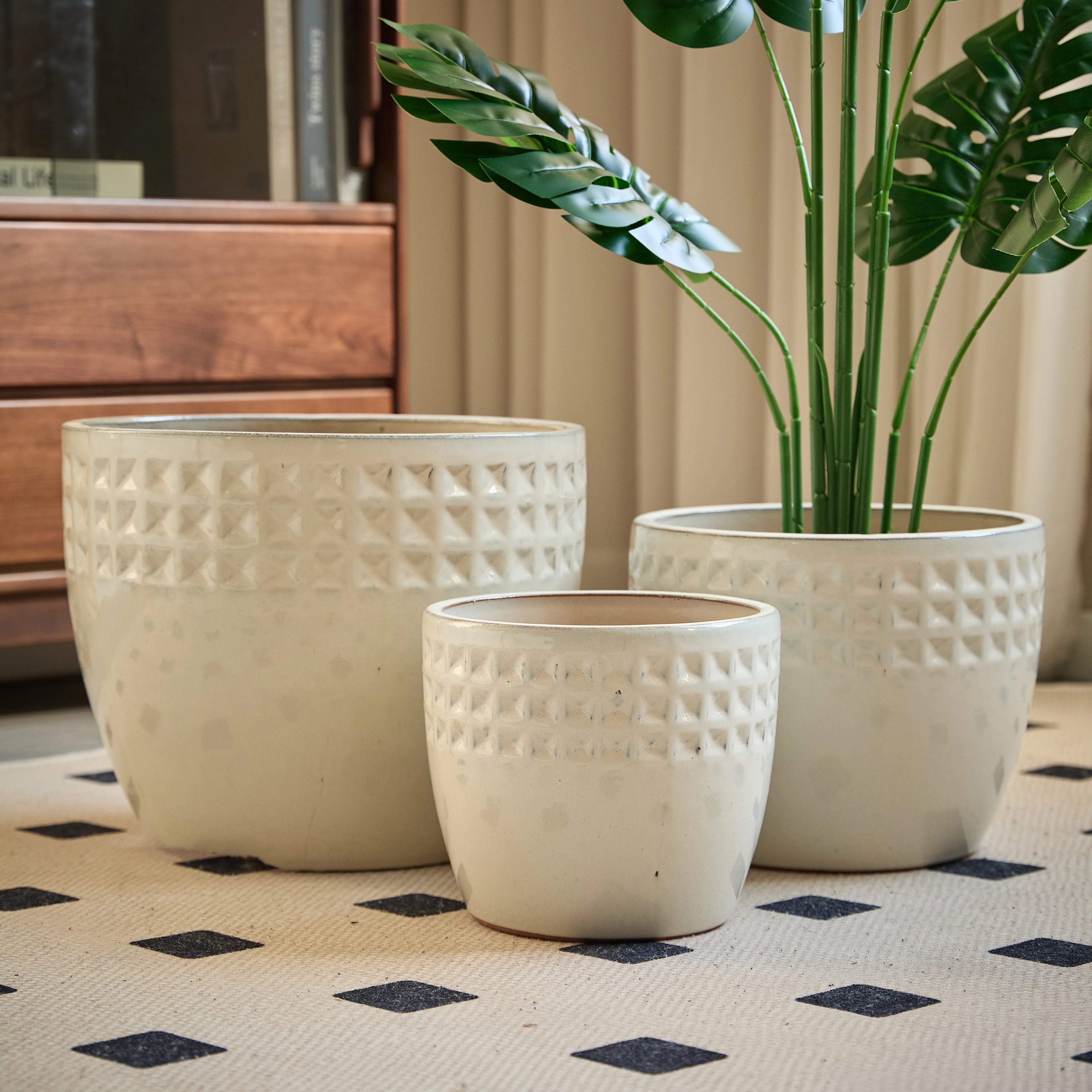 3-Pack Keramikkrukor Antiktvit Rombmönster Ø38/30/23 cm – Inomhus & Utomhus