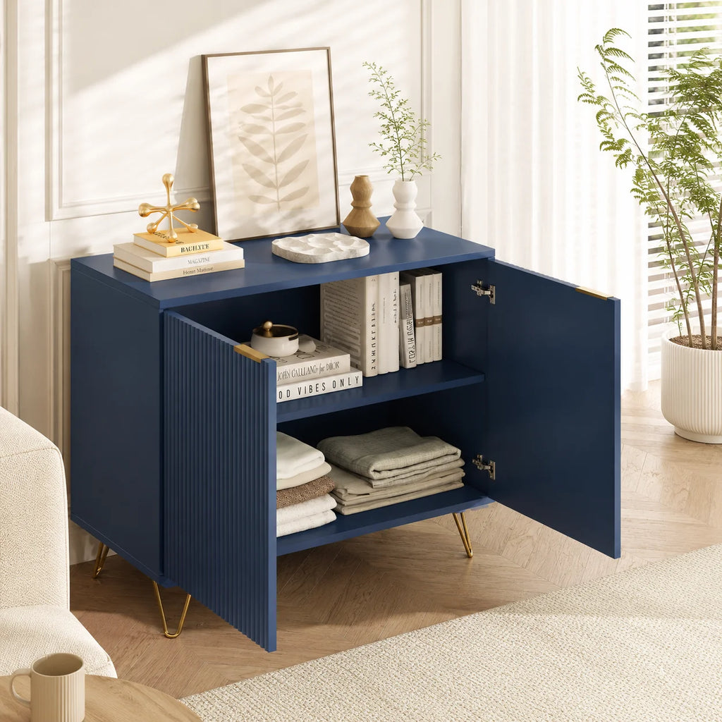 Matsal & Vardagsrum Sideboard Mörkblå – 2-Dörrars Träskåp med Hyllor & Metallben