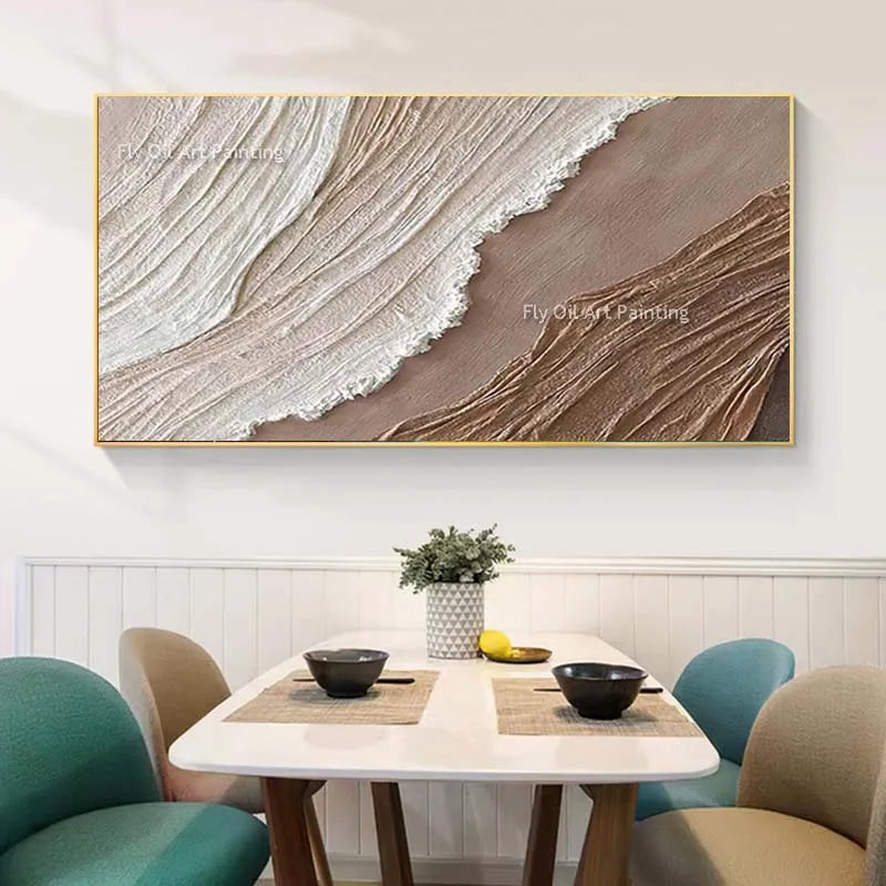 Havsvågor Abstrakt Oljemålning Tjock Textur – Wabi-Sabi Earthtone Canvas Konst
