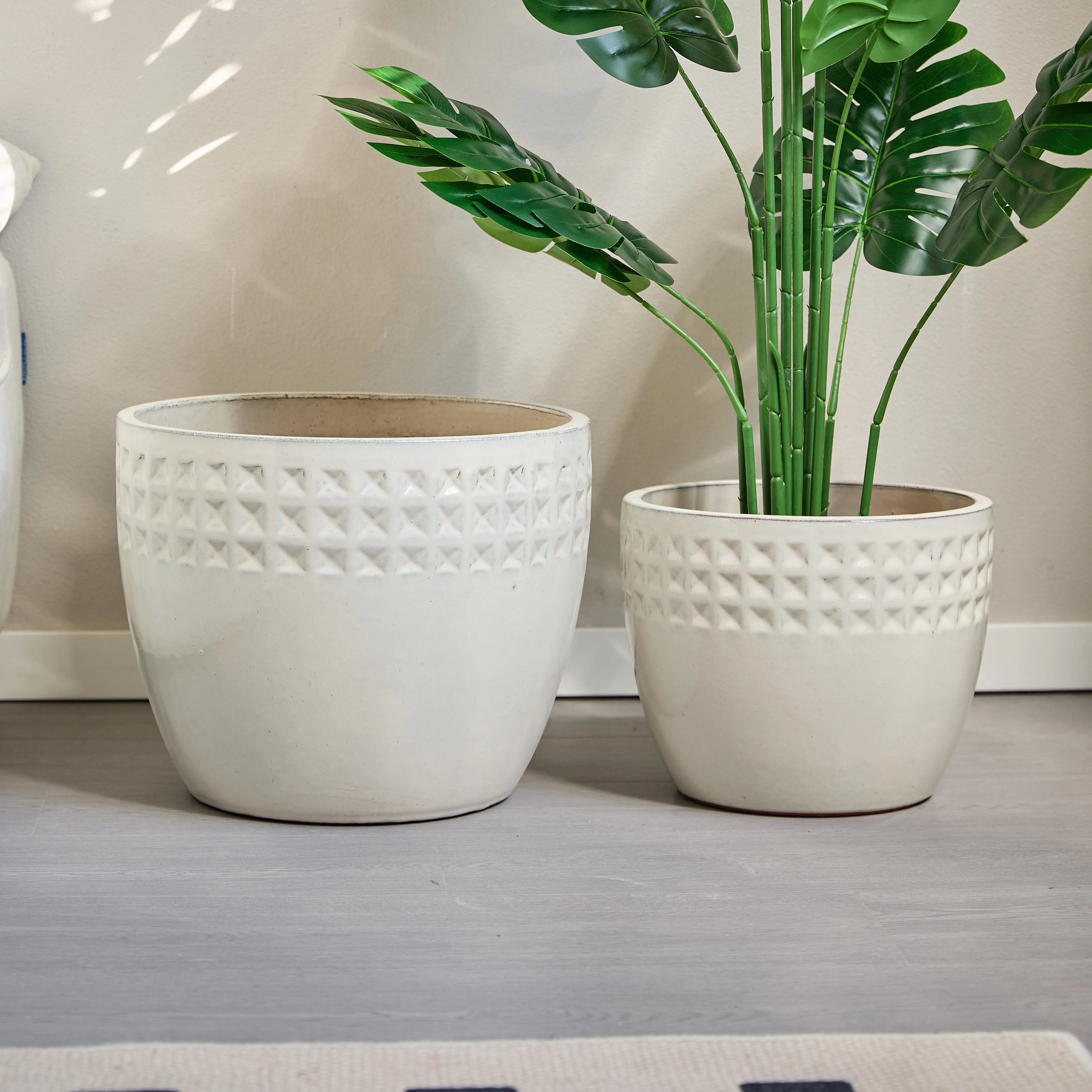 3-Pack Keramikkrukor Antiktvit Rombmönster Ø38/30/23 cm – Inomhus & Utomhus