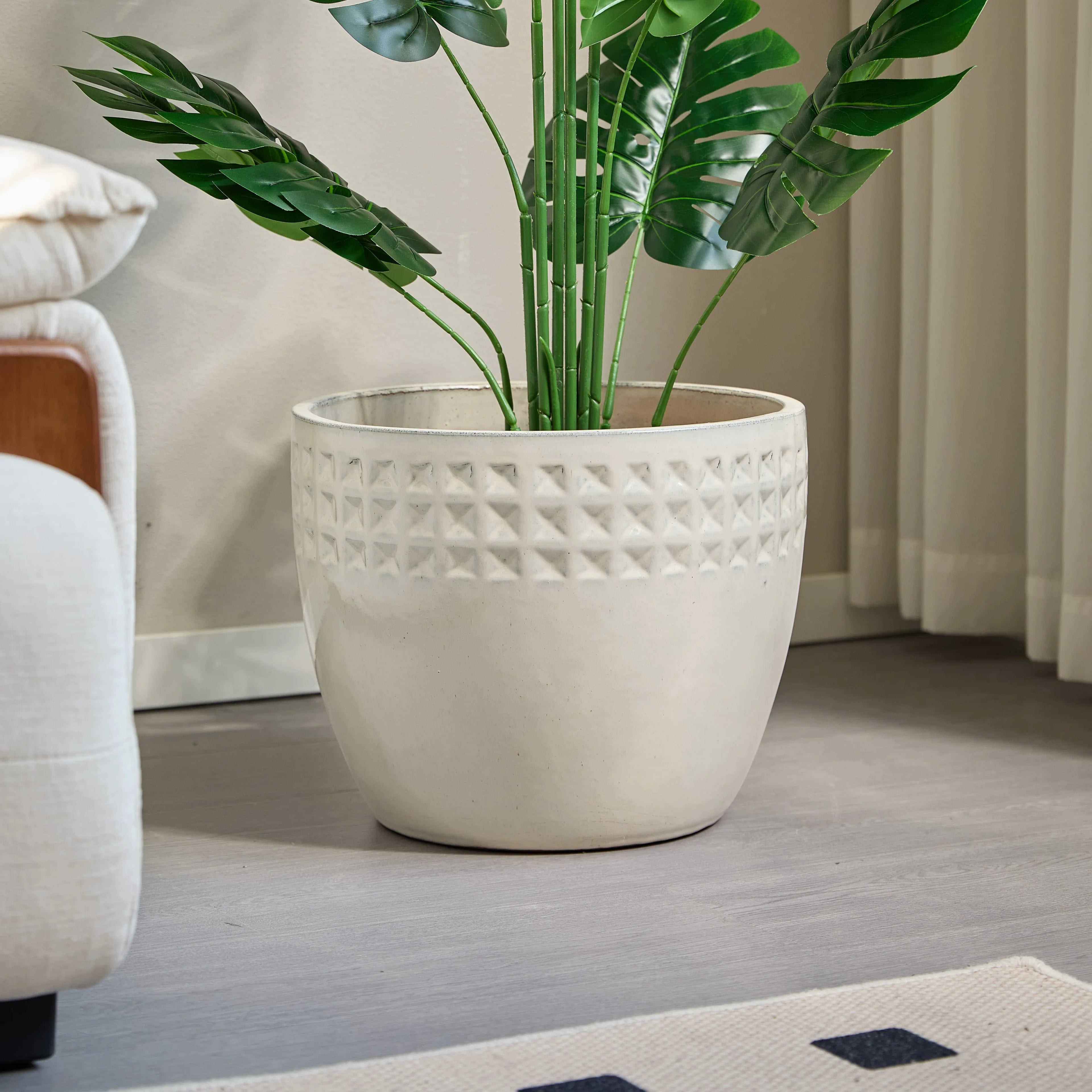 3-Pack Keramikkrukor Antiktvit Rombmönster Ø38/30/23 cm – Inomhus & Utomhus