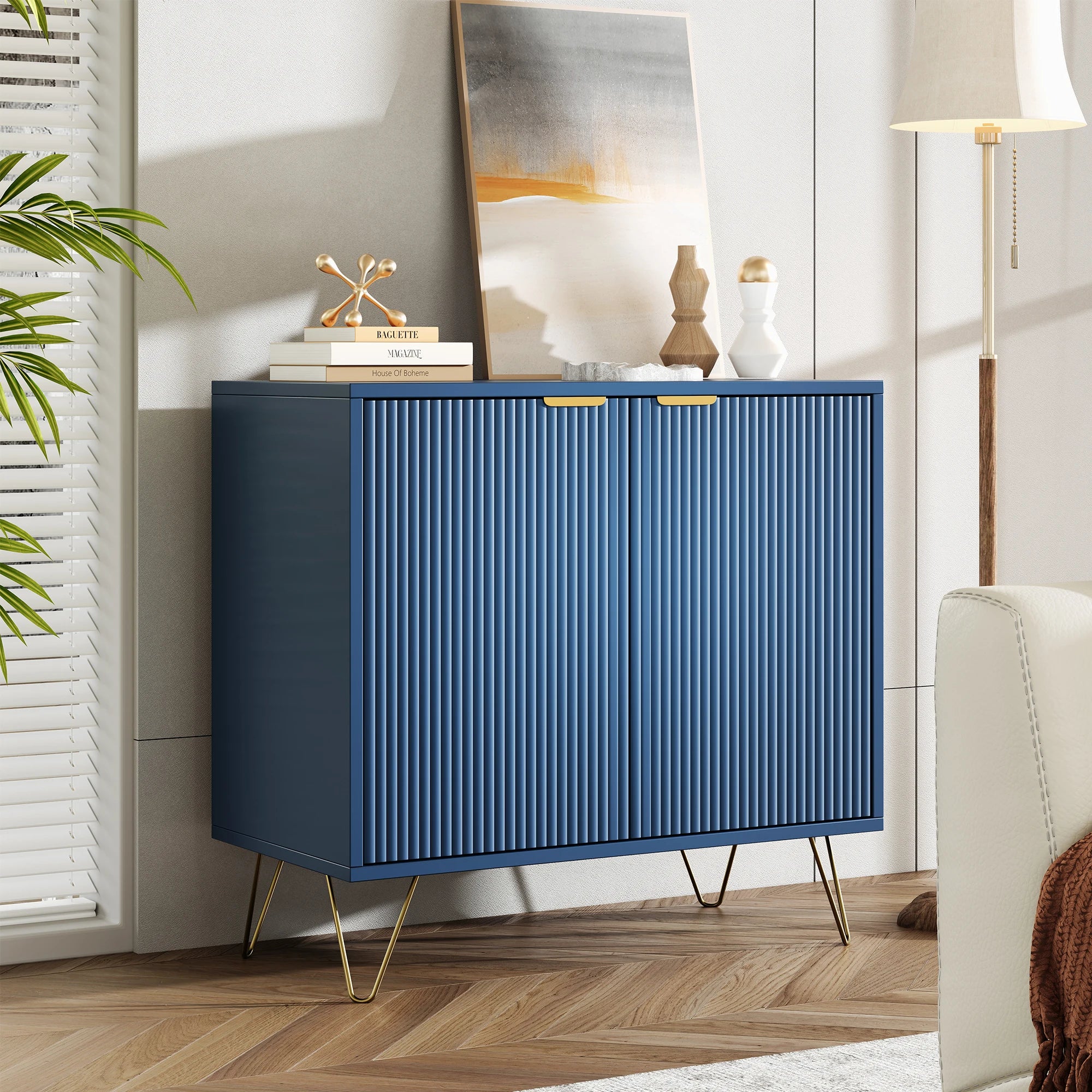 Matsal & Vardagsrum Sideboard Mörkblå – 2-Dörrars Träskåp med Hyllor & Metallben