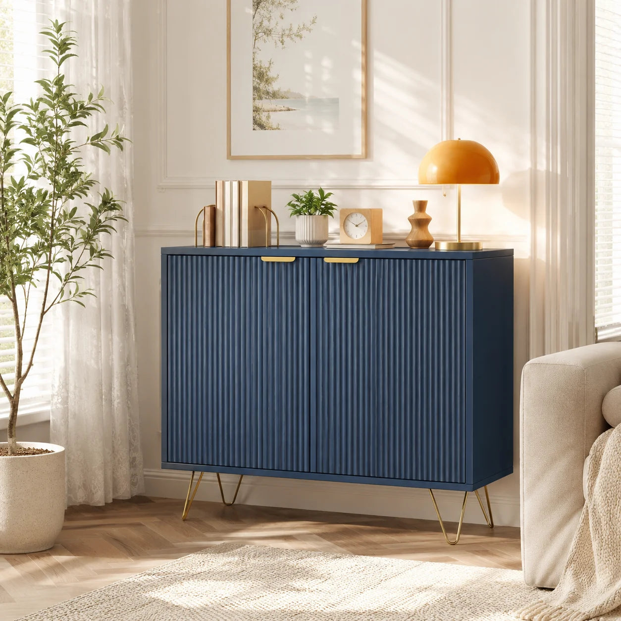 Matsal & Vardagsrum Sideboard Mörkblå – 2-Dörrars Träskåp med Hyllor & Metallben