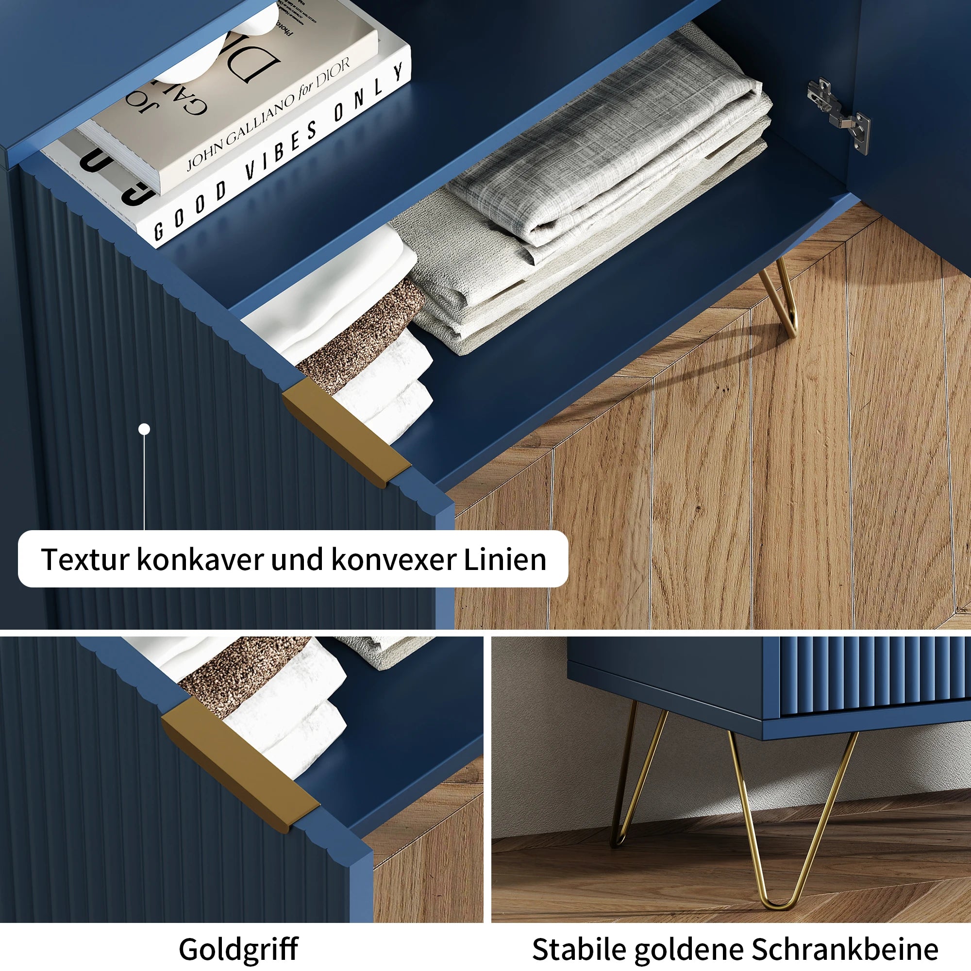 Matsal & Vardagsrum Sideboard Mörkblå – 2-Dörrars Träskåp med Hyllor & Metallben
