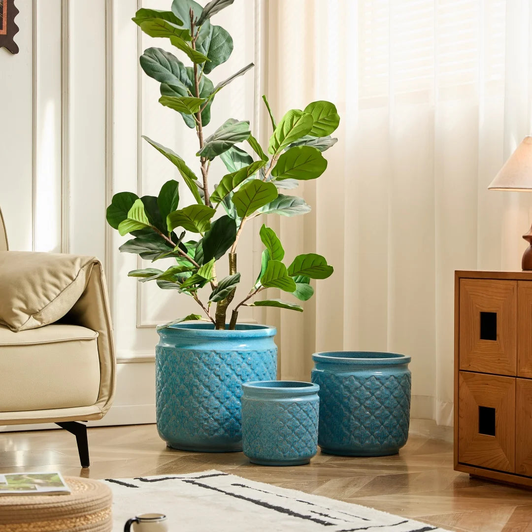 3-Pack Keramikkrukor Blå Geometrisk Ø38/30/23 cm – Orkidé & Inomhus