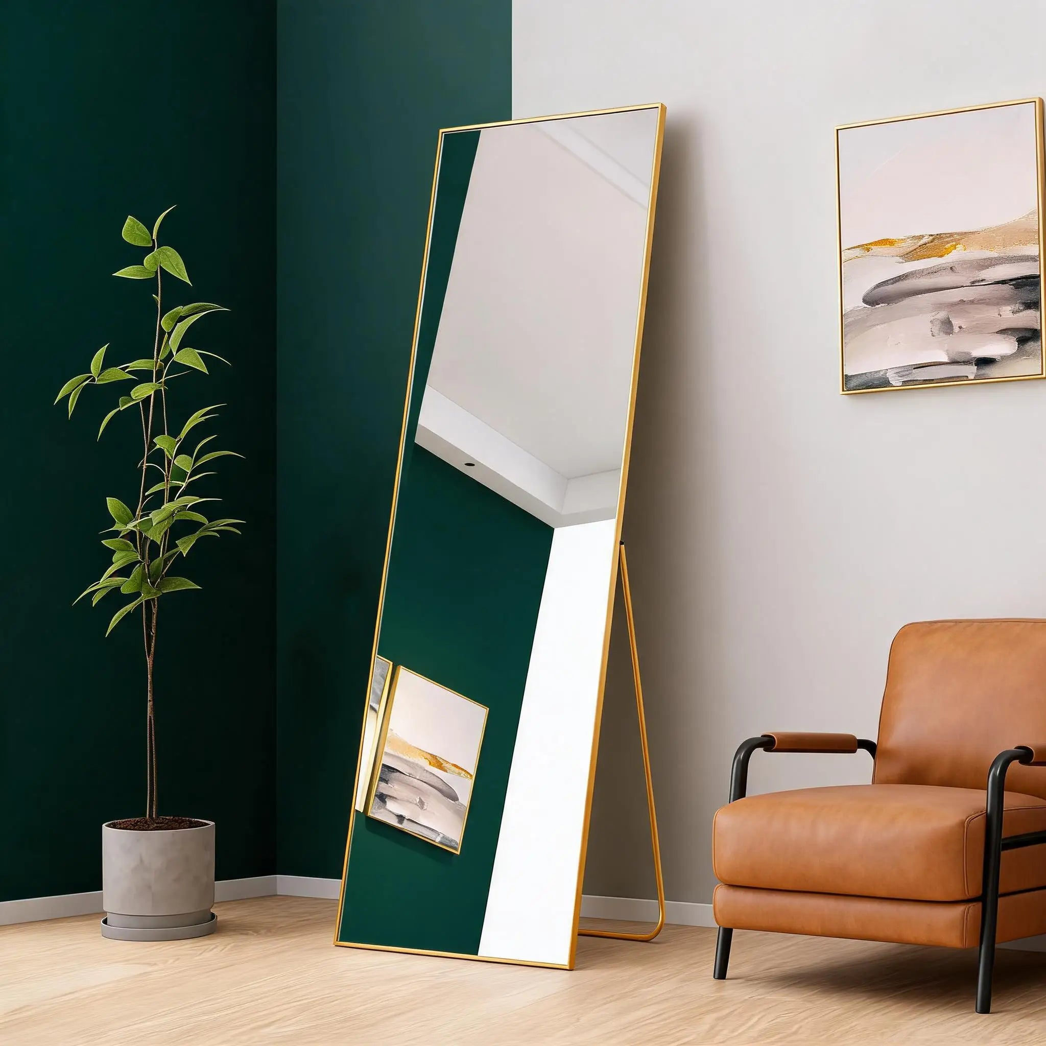 Vertikal Helkroppsspegel Aluminiumram – Guld & Svart Härdat Glas Hall & Sovrum