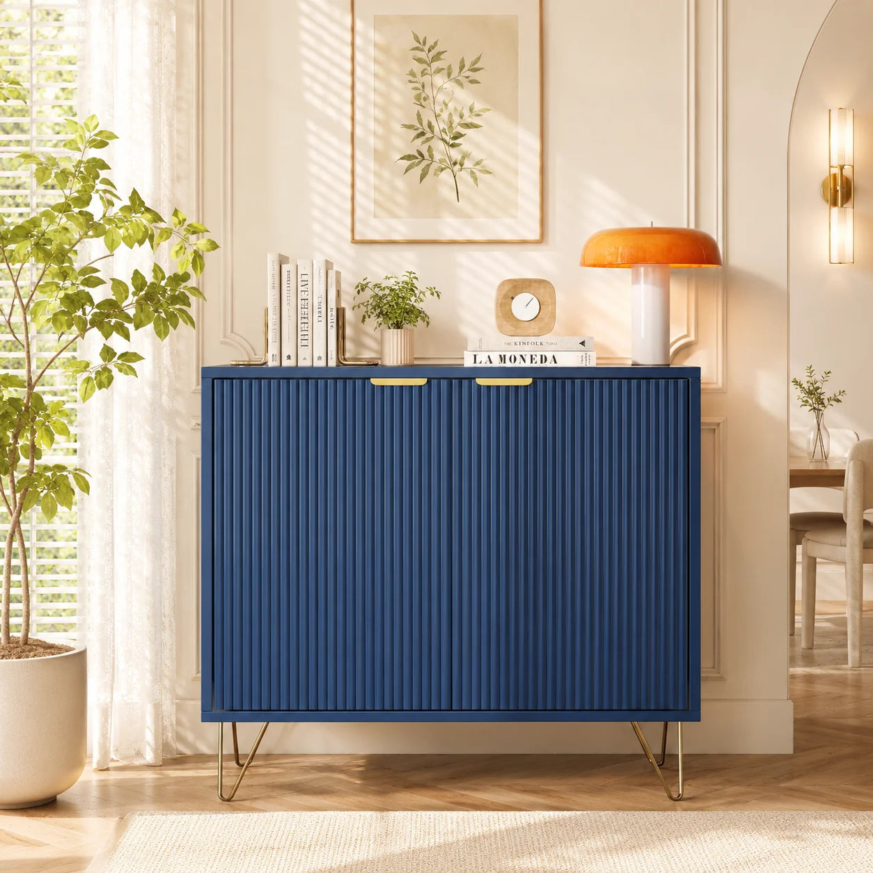 Matsal & Vardagsrum Sideboard Mörkblå – 2-Dörrars Träskåp med Hyllor & Metallben