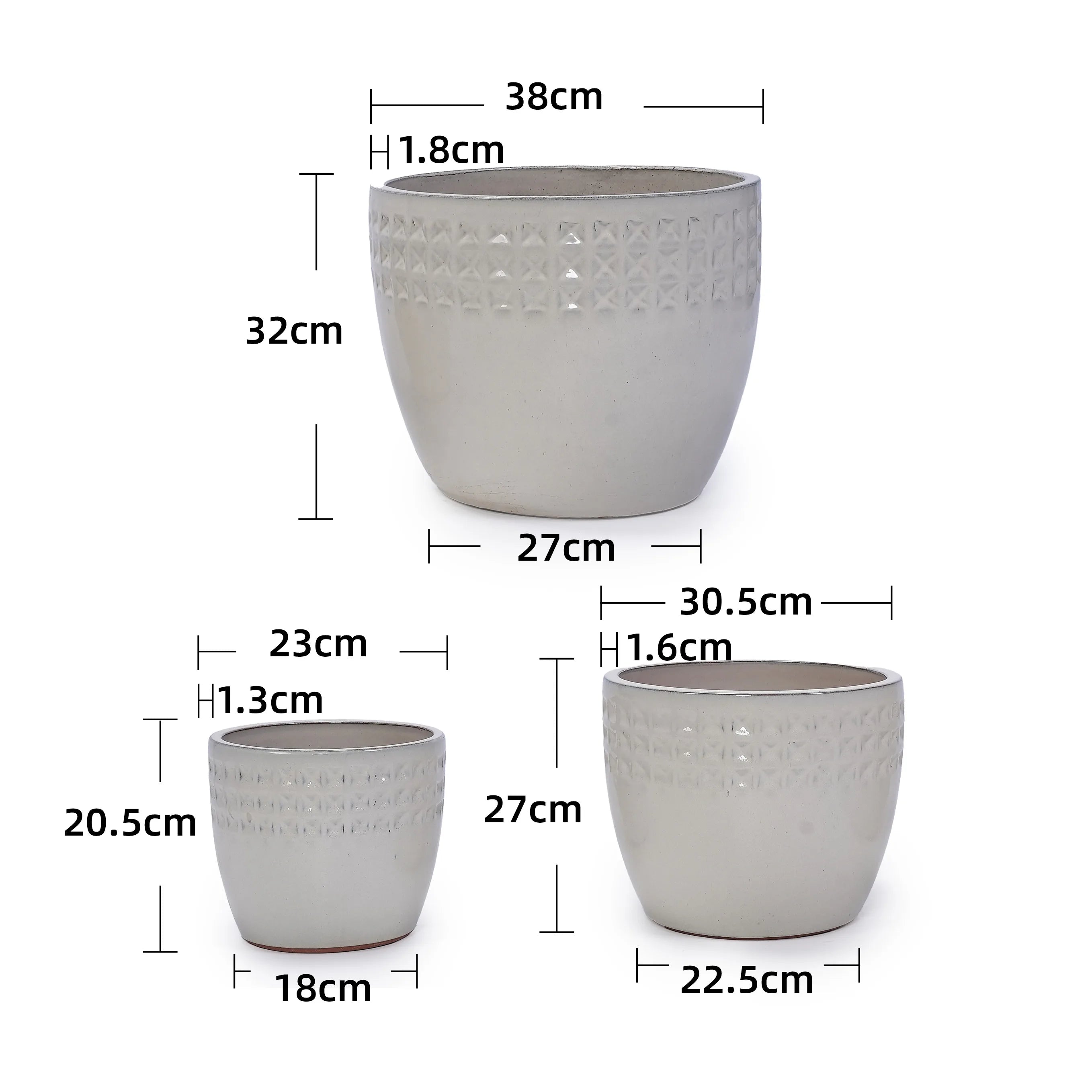 3-Pack Keramikkrukor Antiktvit Rombmönster Ø38/30/23 cm – Inomhus & Utomhus