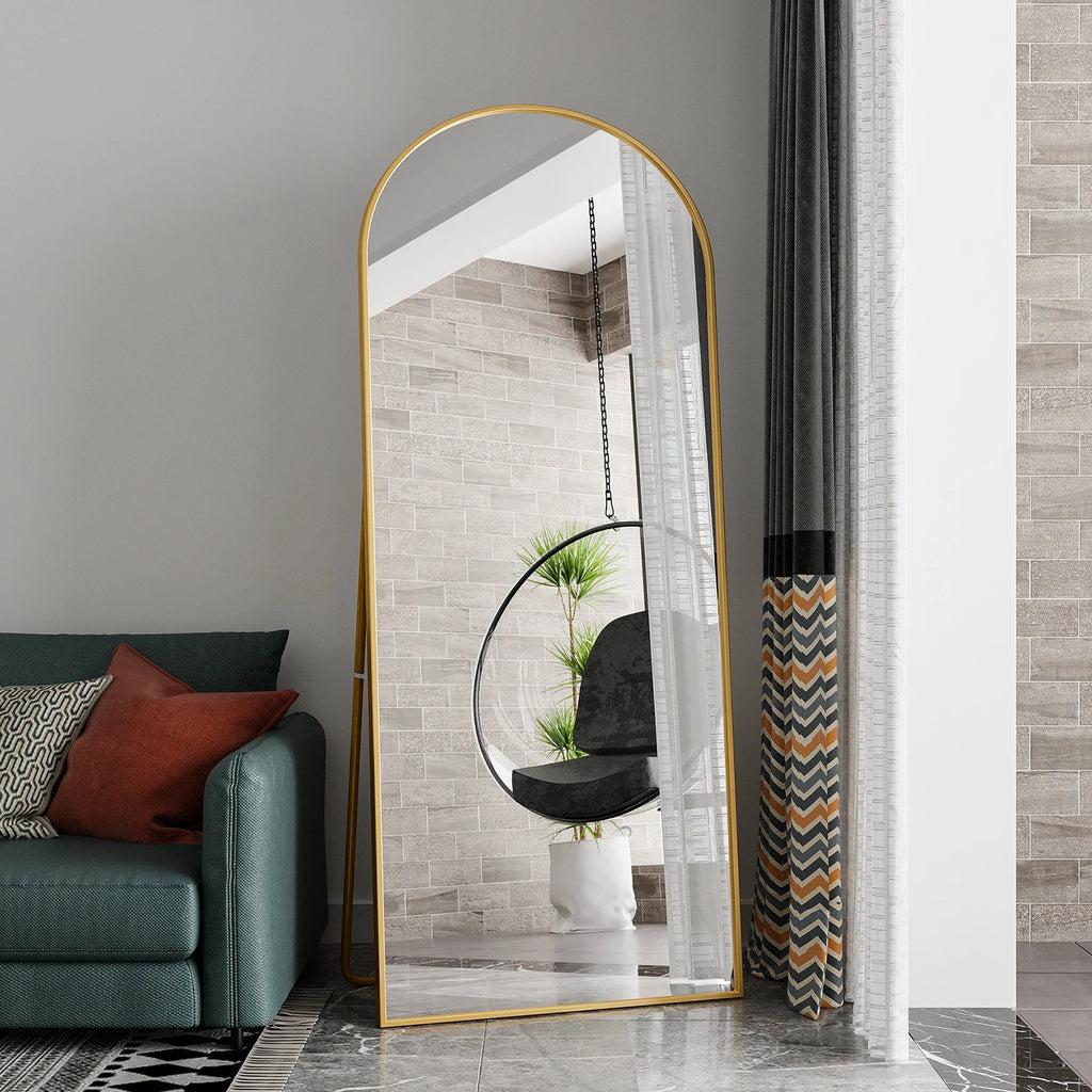 Comanlai Bågformad Golvspegel 180×80 cm Aluminium – Guld & Svart Hel Kropp