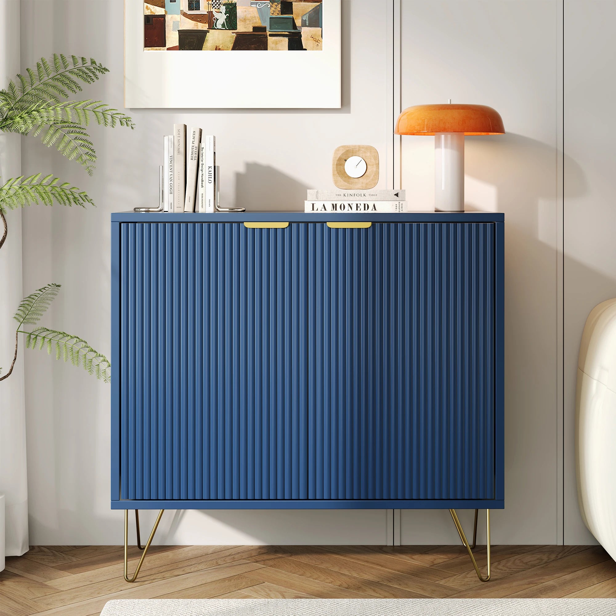 Matsal & Vardagsrum Sideboard Mörkblå – 2-Dörrars Träskåp med Hyllor & Metallben