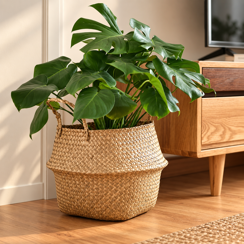 SeaweeHandvävd sjögräskorg med handtag – naturlig förvaring för tvätt, leksaker, växter och hemmetd Wicker Basket Rattan Hanging Flowerpot  Dirty Clothes    Storage    WF1015