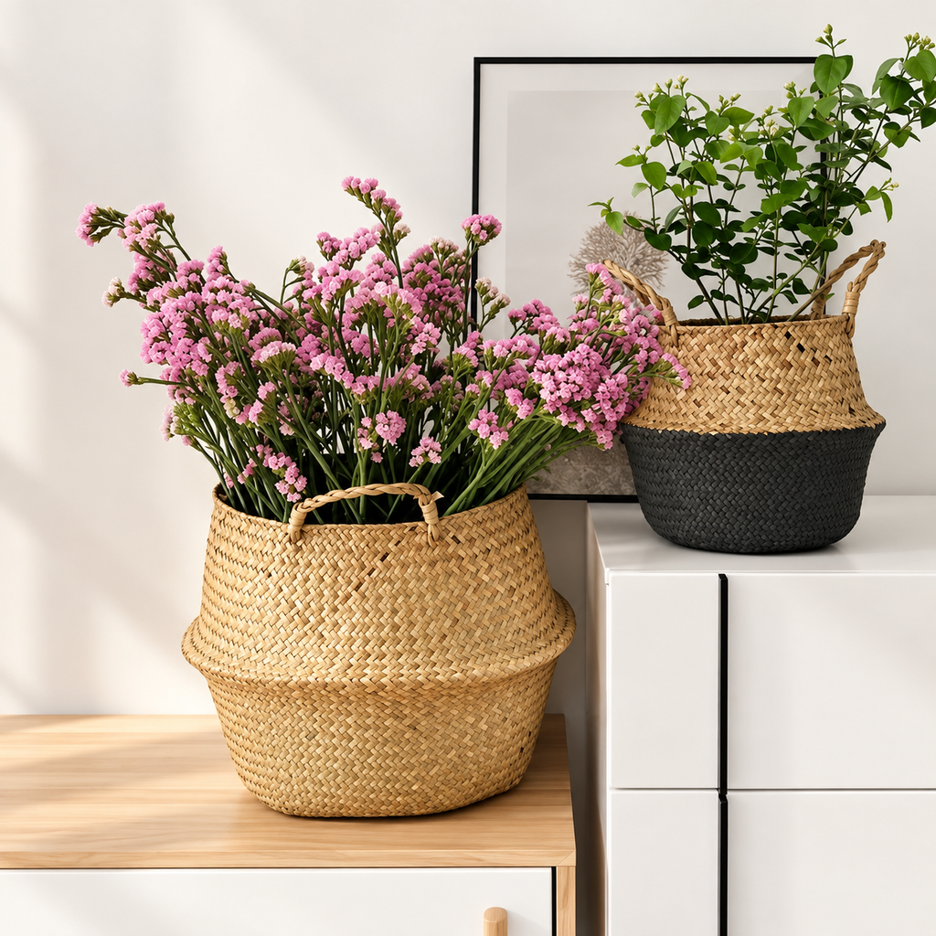 SeaweeHandvävd sjögräskorg med handtag – naturlig förvaring för tvätt, leksaker, växter och hemmetd Wicker Basket Rattan Hanging Flowerpot  Dirty Clothes    Storage    WF1015