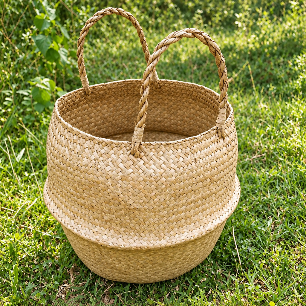 SeaweeHandvävd sjögräskorg med handtag – naturlig förvaring för tvätt, leksaker, växter och hemmetd Wicker Basket Rattan Hanging Flowerpot  Dirty Clothes    Storage    WF1015
