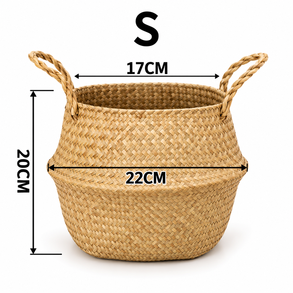 SeaweeHandvävd sjögräskorg med handtag – naturlig förvaring för tvätt, leksaker, växter och hemmetd Wicker Basket Rattan Hanging Flowerpot  Dirty Clothes    Storage    WF1015