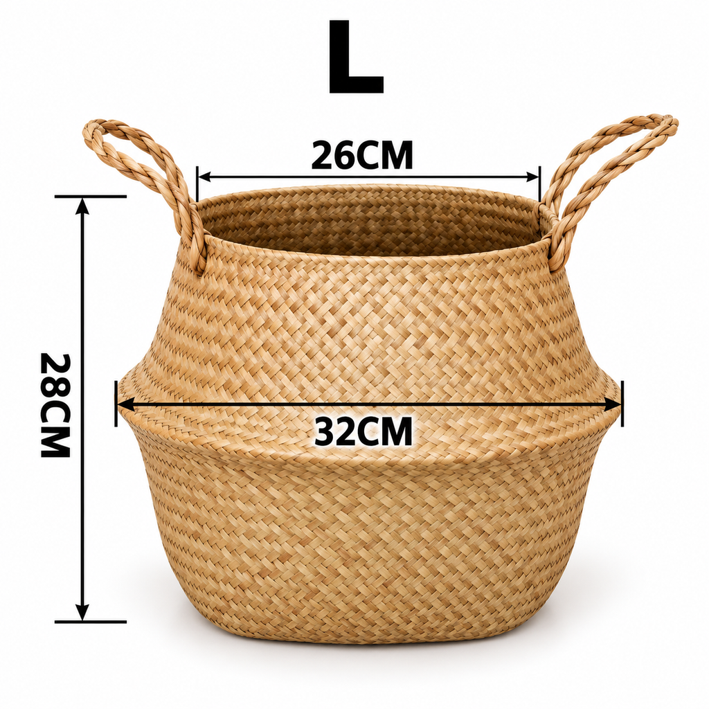 SeaweeHandvävd sjögräskorg med handtag – naturlig förvaring för tvätt, leksaker, växter och hemmetd Wicker Basket Rattan Hanging Flowerpot  Dirty Clothes    Storage    WF1015