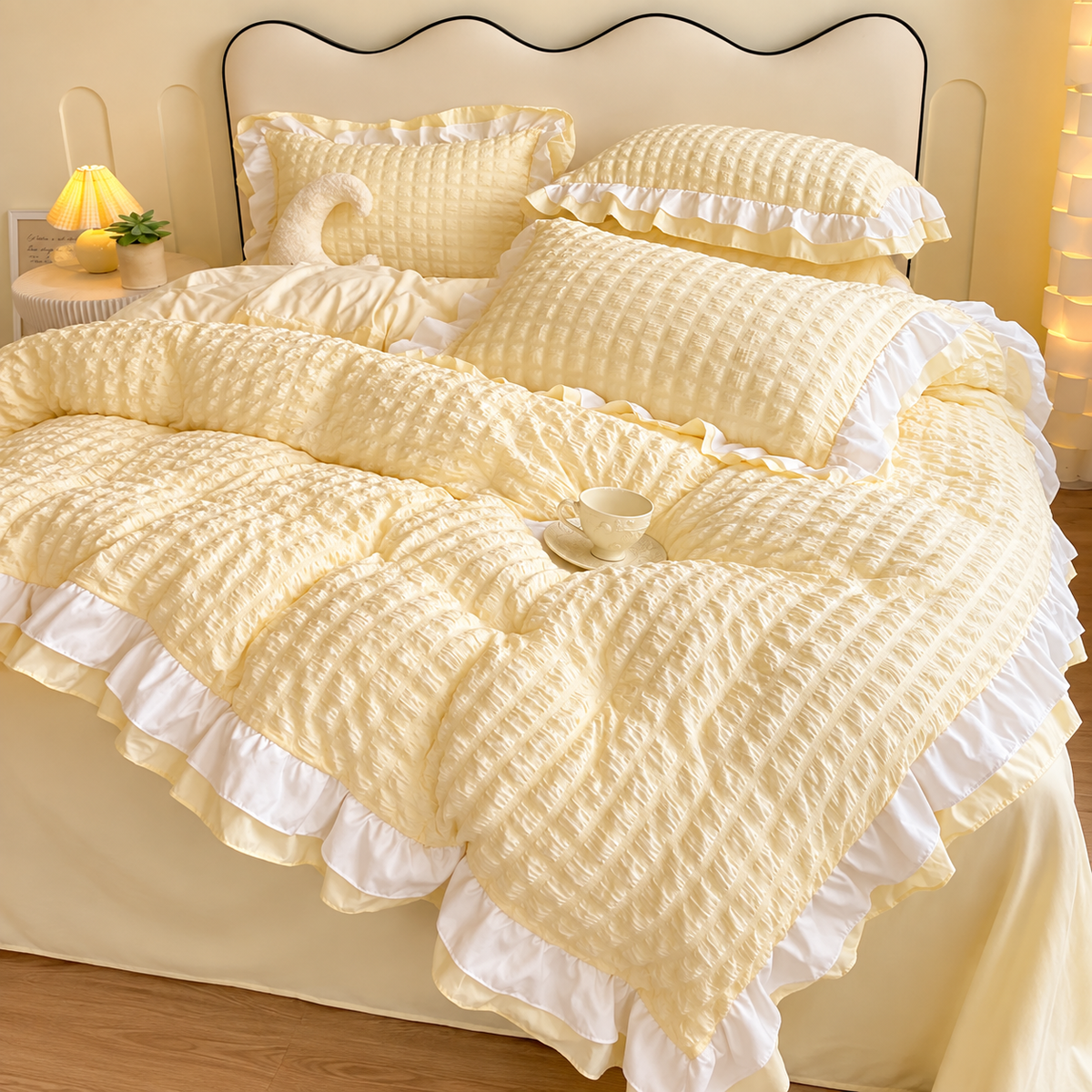 Koreanskt bäddset i seersucker med spetsdetaljer – enfärgat påslakanset för sovrum och gästrum
