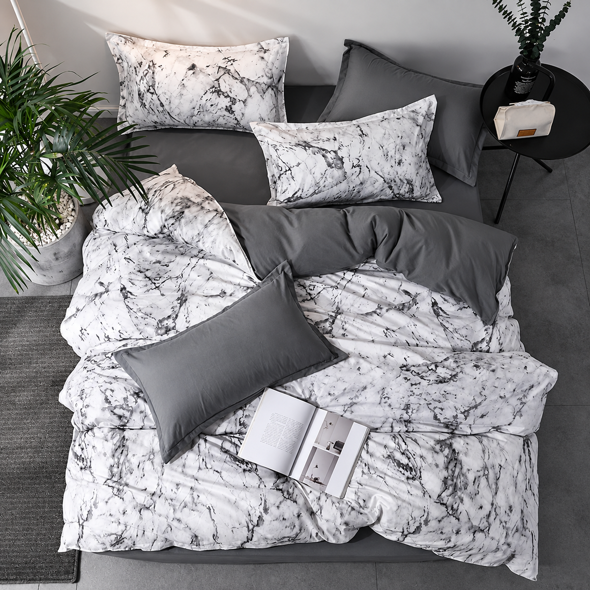 Modernt 3-delat bäddset i polyester – påslakanset med geometriskt mönster och 2 örngott