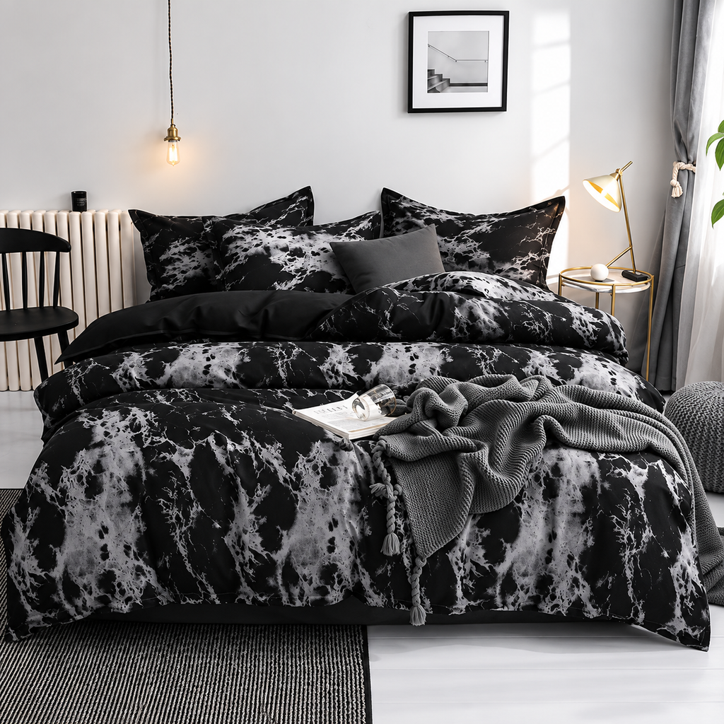 Modernt 3-delat bäddset i polyester – påslakanset med geometriskt mönster och 2 örngott