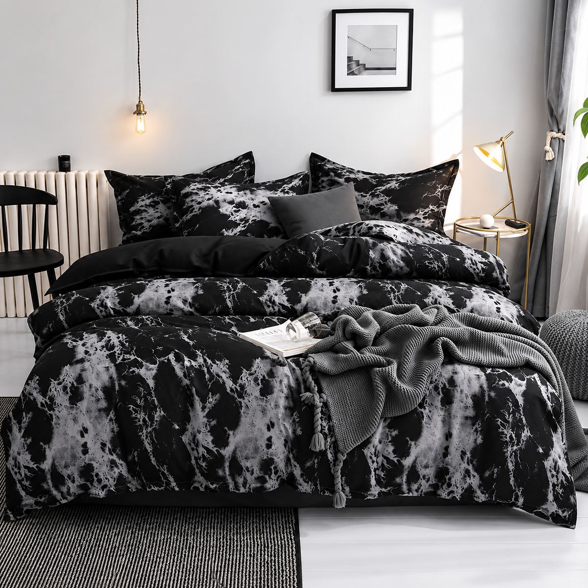 Modernt 3-delat bäddset i polyester – påslakanset med geometriskt mönster och 2 örngott