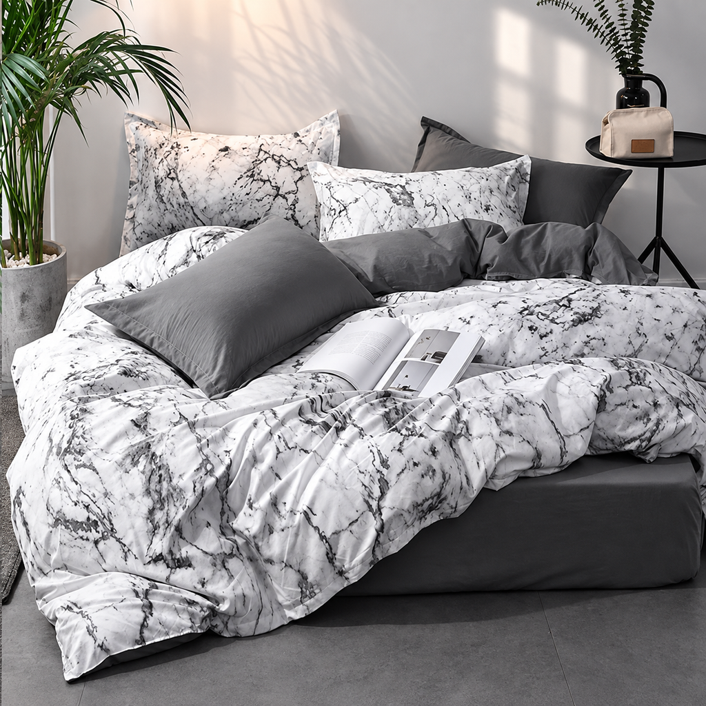 Modernt 3-delat bäddset i polyester – påslakanset med geometriskt mönster och 2 örngott