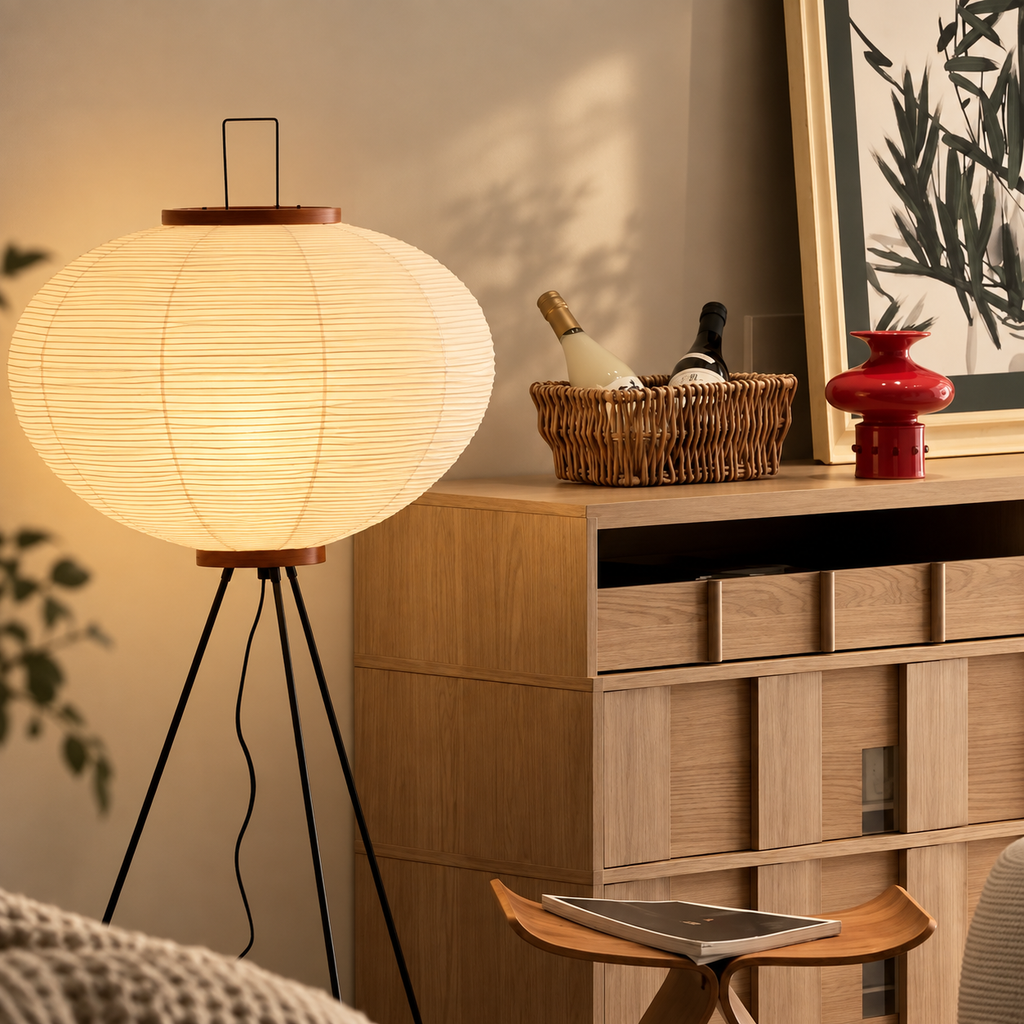 Japansk Wabi Sabi-lampa med tygskärm och mjukt, varmt ljus