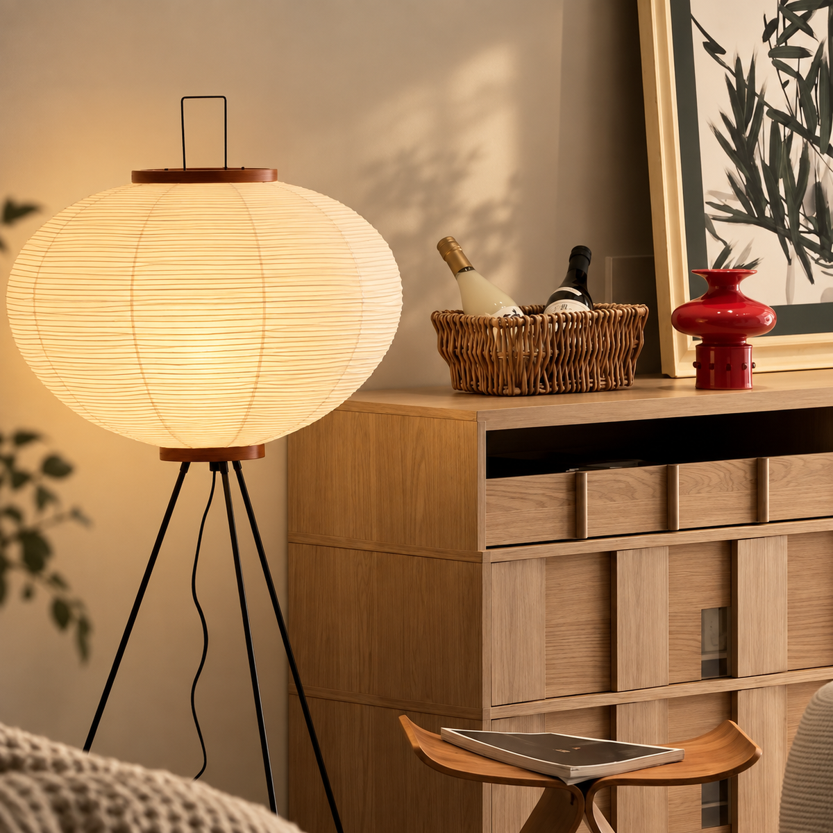 Japansk Wabi Sabi-lampa med tygskärm och mjukt, varmt ljus
