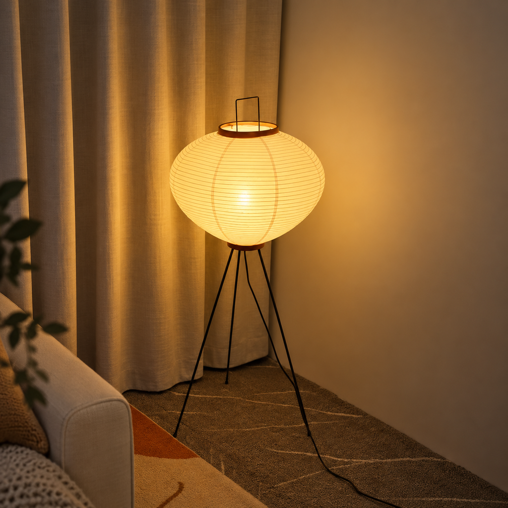 Vit golvlampa i japansk stil för vardagsrum
