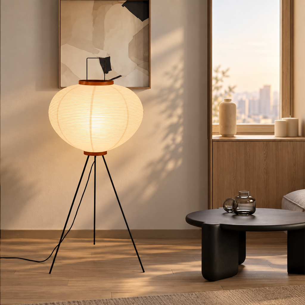 Japansk lampa som sänglampa i sovrum