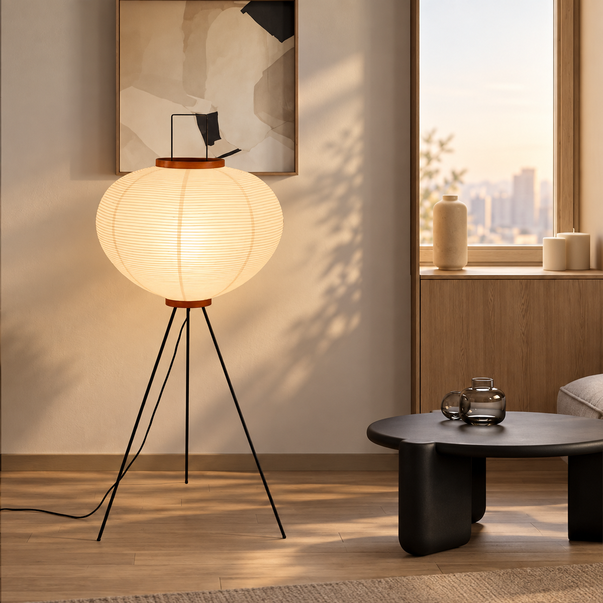 Japansk lampa som sänglampa i sovrum