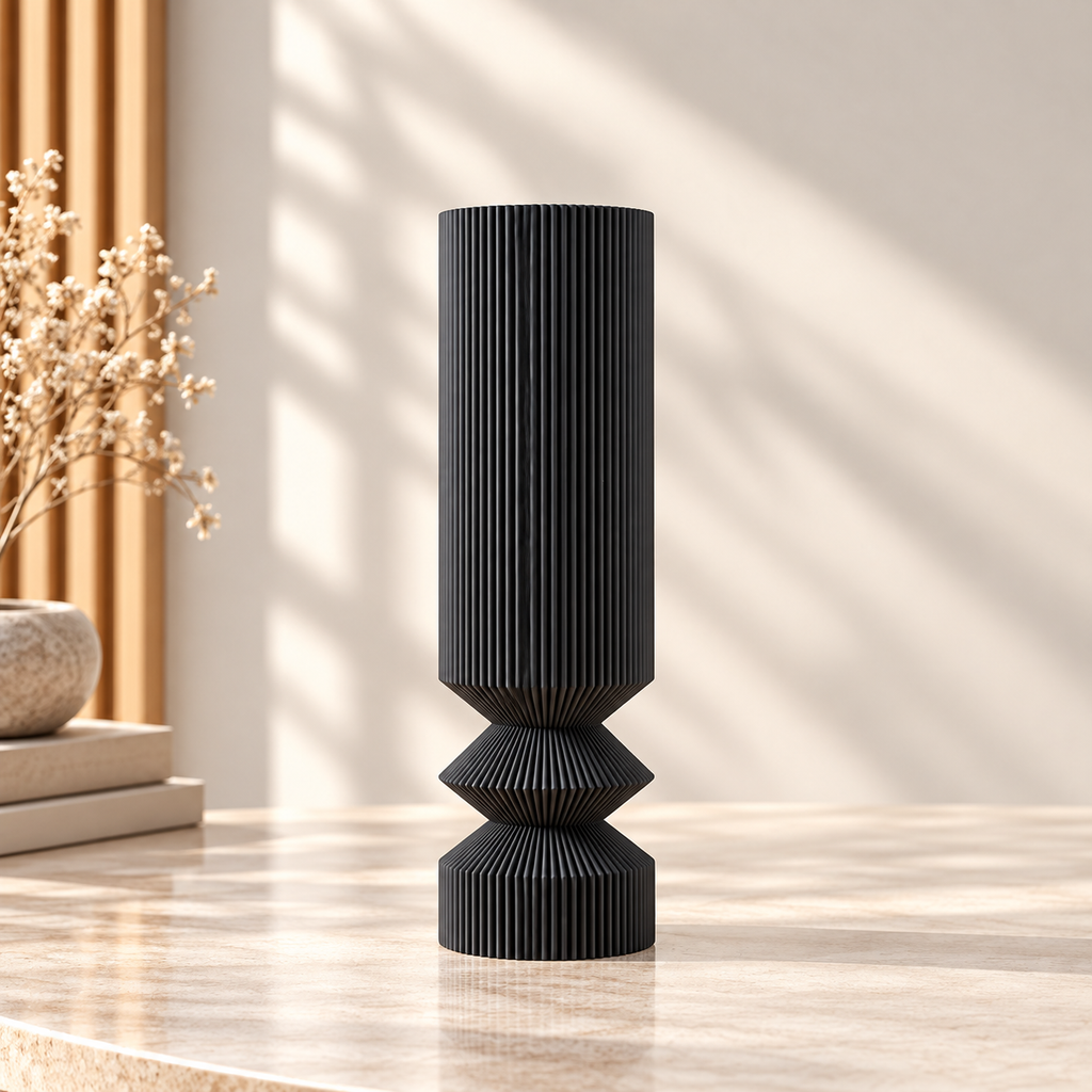Nordisk svart dekorationsvas i plast – stilren bordvas för vardagsrum, matbord och modern inredning