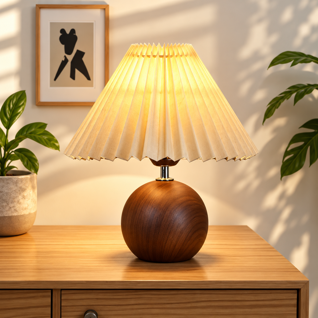 Nordisk veckad bordslampa med LED – modern sänglampa med tygskärm och tre ljuslägen