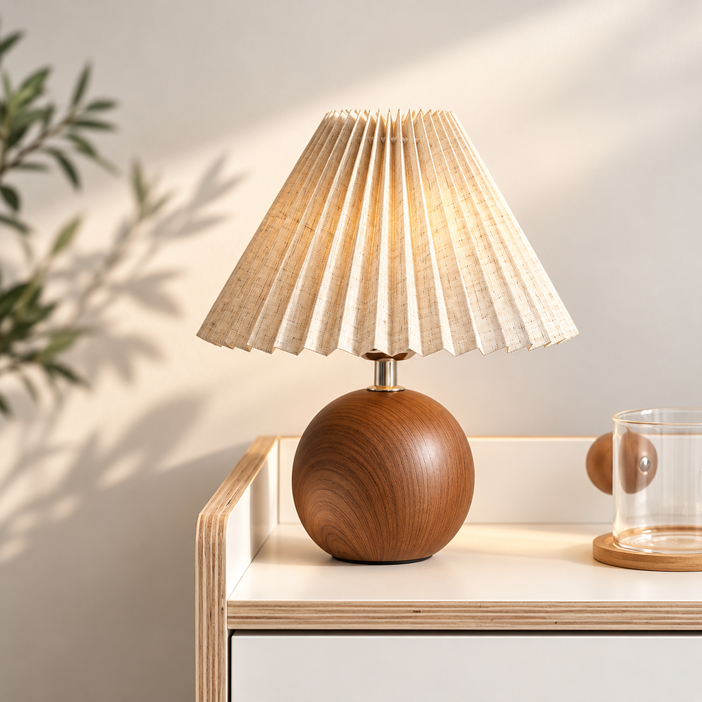 Nordisk veckad bordslampa med LED – modern sänglampa med tygskärm och tre ljuslägen