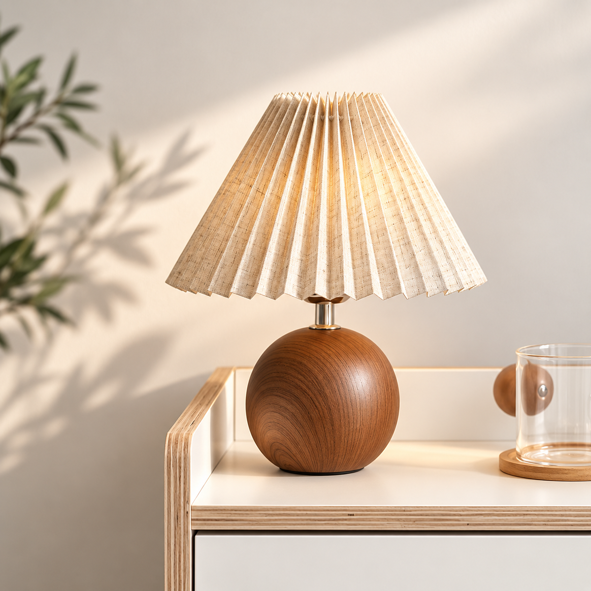 Nordisk veckad bordslampa med LED – modern sänglampa med tygskärm och tre ljuslägen