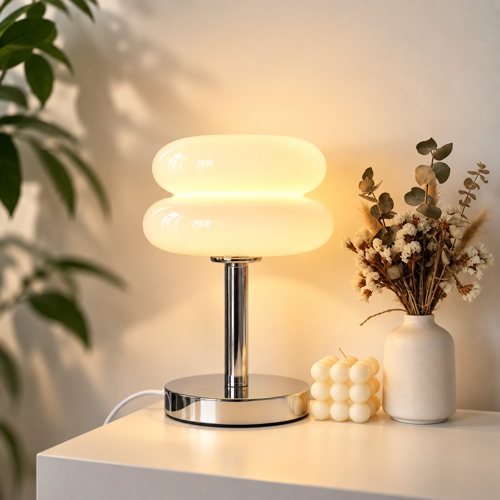 Macaron bordslampa i glas med silverfärgad bas