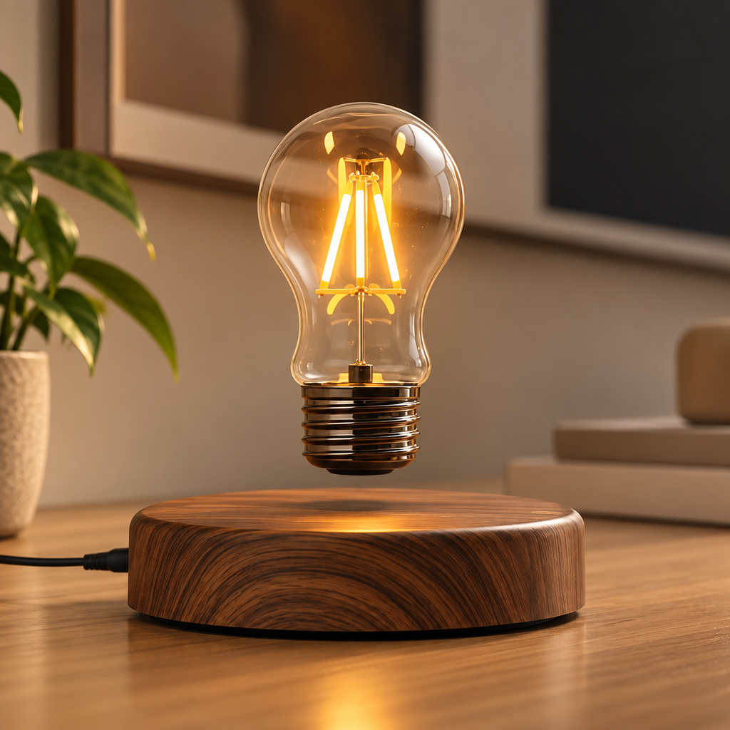 Magnetisk svävande LED-lampa i trä – kreativ bordslampa med flytande glödlampa och touchkontroll